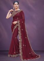 Silk Georgette Maroon Wedding Wear Embroidery Work Saree